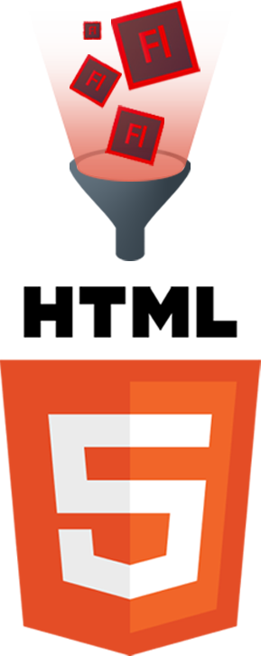 Illustration of several Flash logos going through a funnel and being converted to HTML5