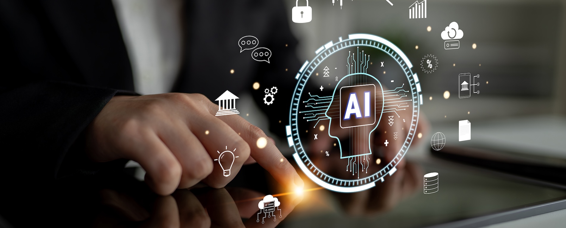Person interacting with a digital interface featuring an AI icon surrounded by symbols representing data, communication, security, and technology.