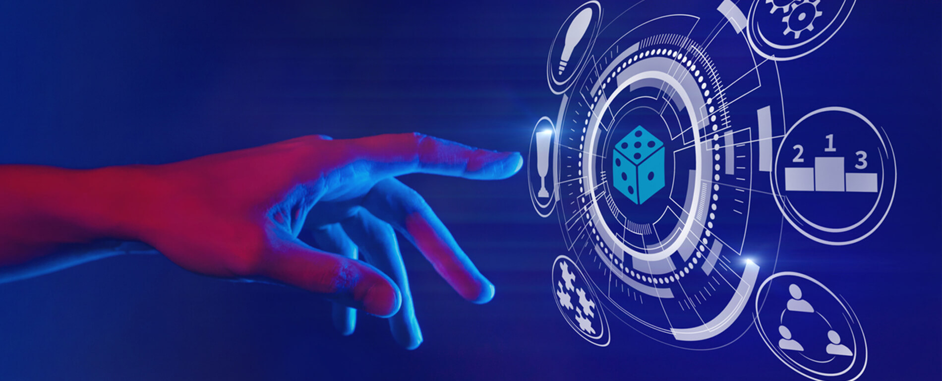 Hand reaching toward a graphic with different game elements