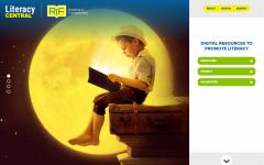 Screenshot of the Literacy Central product with a boy reading a book on the edge of the building with the moon in the background