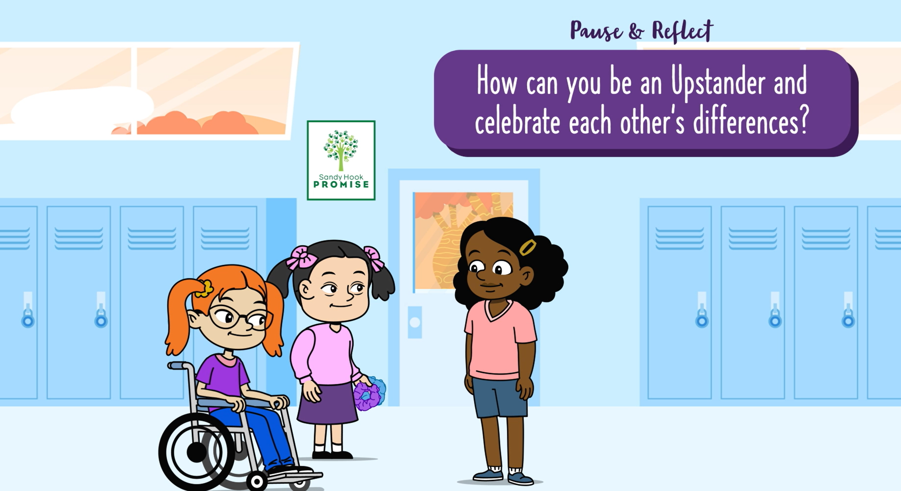 Animation of three girls by school lockers