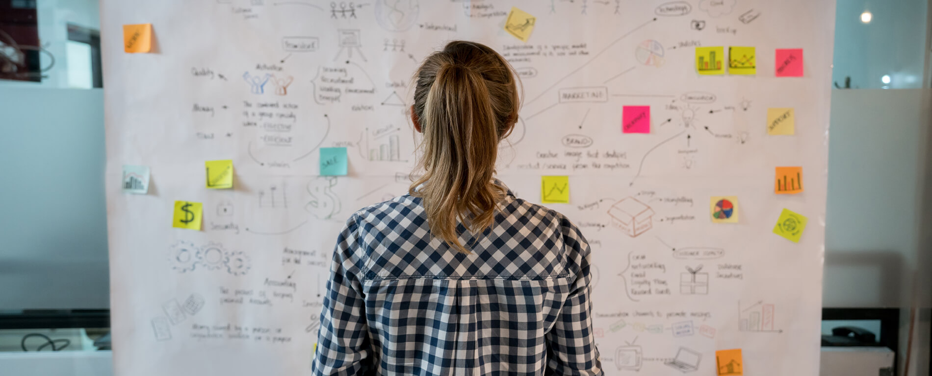 Woman standing in front a whiteboard with a bunch of post-it notes and writing on it