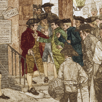 Painting of Colonial men in street