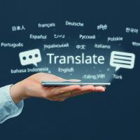 Hand holding graphic that says "translate" and various languages