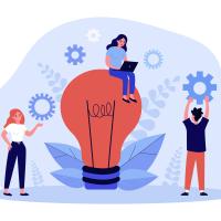 Illustrated male and female characters holding idea wheels and sitting on light bulb