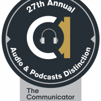 Badge reading "27th Annual Audio & Podcasts Distinction – The Communicator Awards" logo