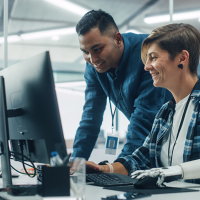Two workers at computer