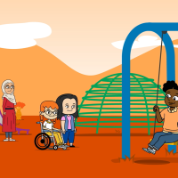 Animation of three girls on a playground with teacher watching
