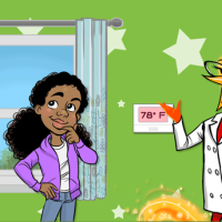 Alliant Energy characters looking at thermostat