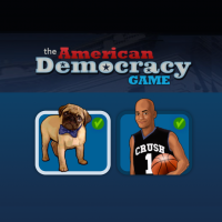 The American Democracy Game dog and basketball characters