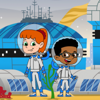 Navigating the Digital Universe Homepage with 2 cartoon children in astronaut suits