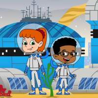 Screenshot of SAE's Digital Citizenship site with 2 cartoon characters in spacesuits