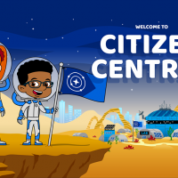 Screenshot showing two cartoon children in astronaut suits, with the caption "Welcome to Citizen Central"