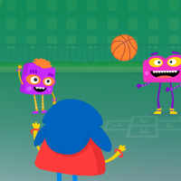 A group of animated characters playing with a basketball on a playground