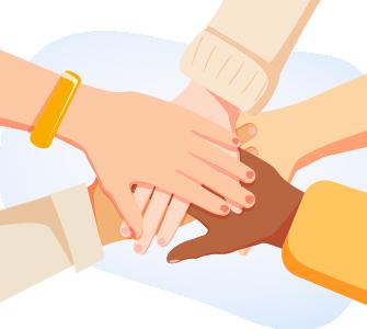 Illustration of several hands in a huddle