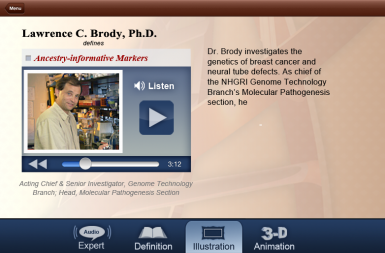 Screenshot of the Talking Glossary of Genetic Terms project on a smart tablet