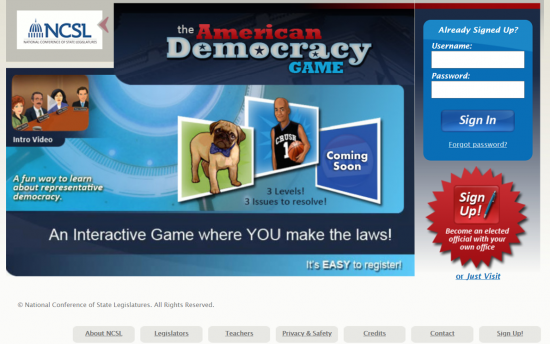 Screenshot of the The American Democracy Game project on a laptop computer