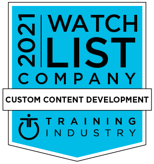 Badge reading "2021 Watch List Company – Custom Content Development – Training Industry" logo