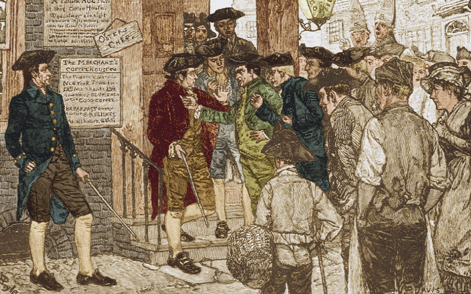 Painting of Colonial men in street