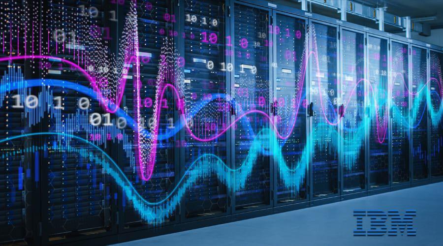 Photo of several server racks in a data center, with IBM logo superimposed