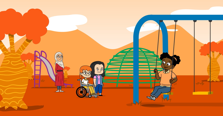 Animation of three girls on a playground with teacher watching