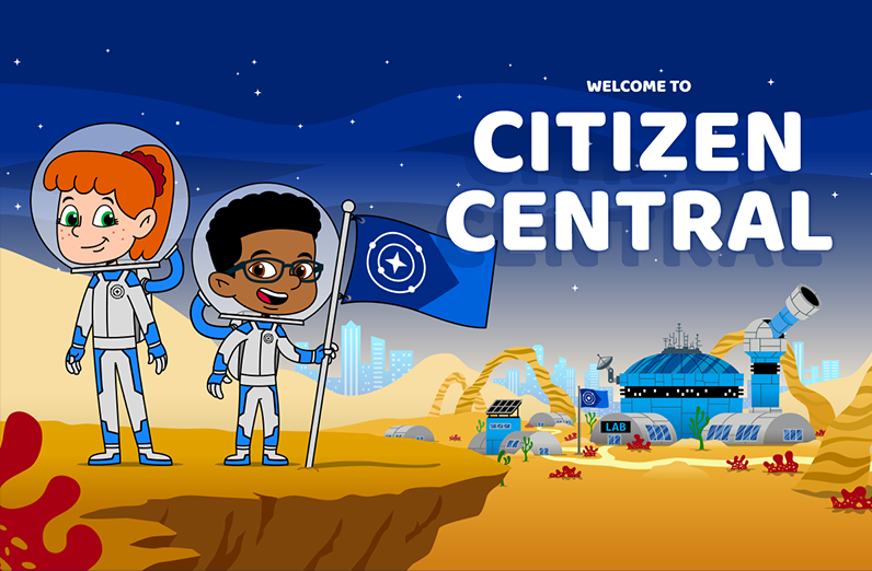 Screenshot showing two cartoon children in astronaut suits, with the caption "Welcome to Citizen Central"