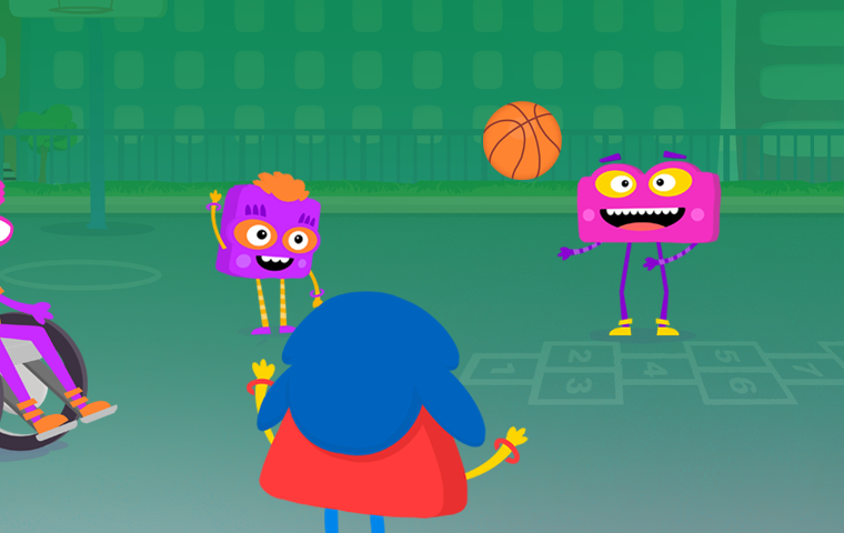 A group of animated characters playing with a basketball on a playground