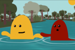 Photo of Rape Prevention eLearning showing one yellow and one red character swimming in a river
